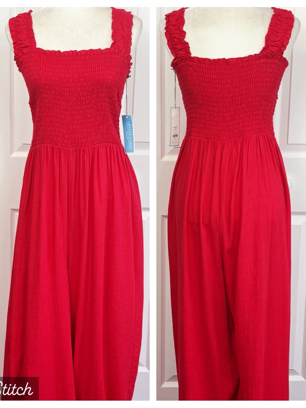 NWT Draper James RSVP Red Linen Smocked Bodice Wide Leg Jumpsuit XL
